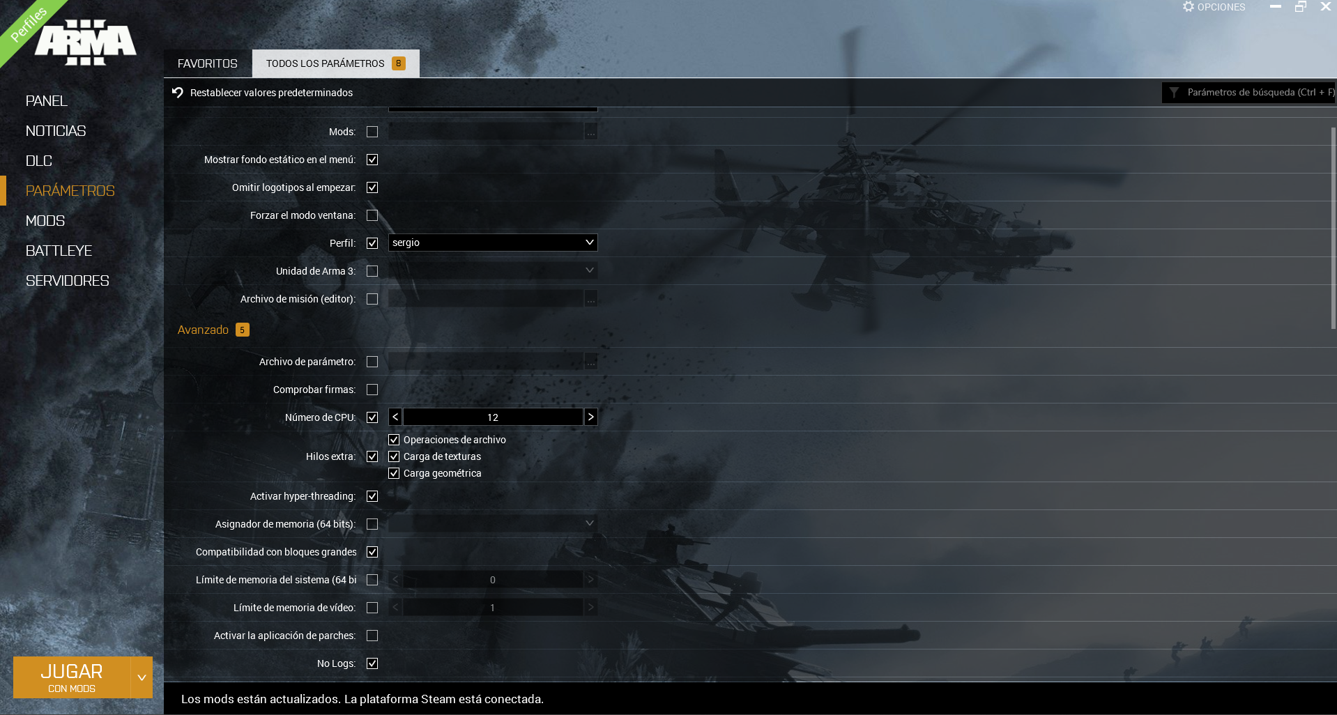 Captura de pantalla de la ventana de parámetros avanzados del Launcher de Arma 3