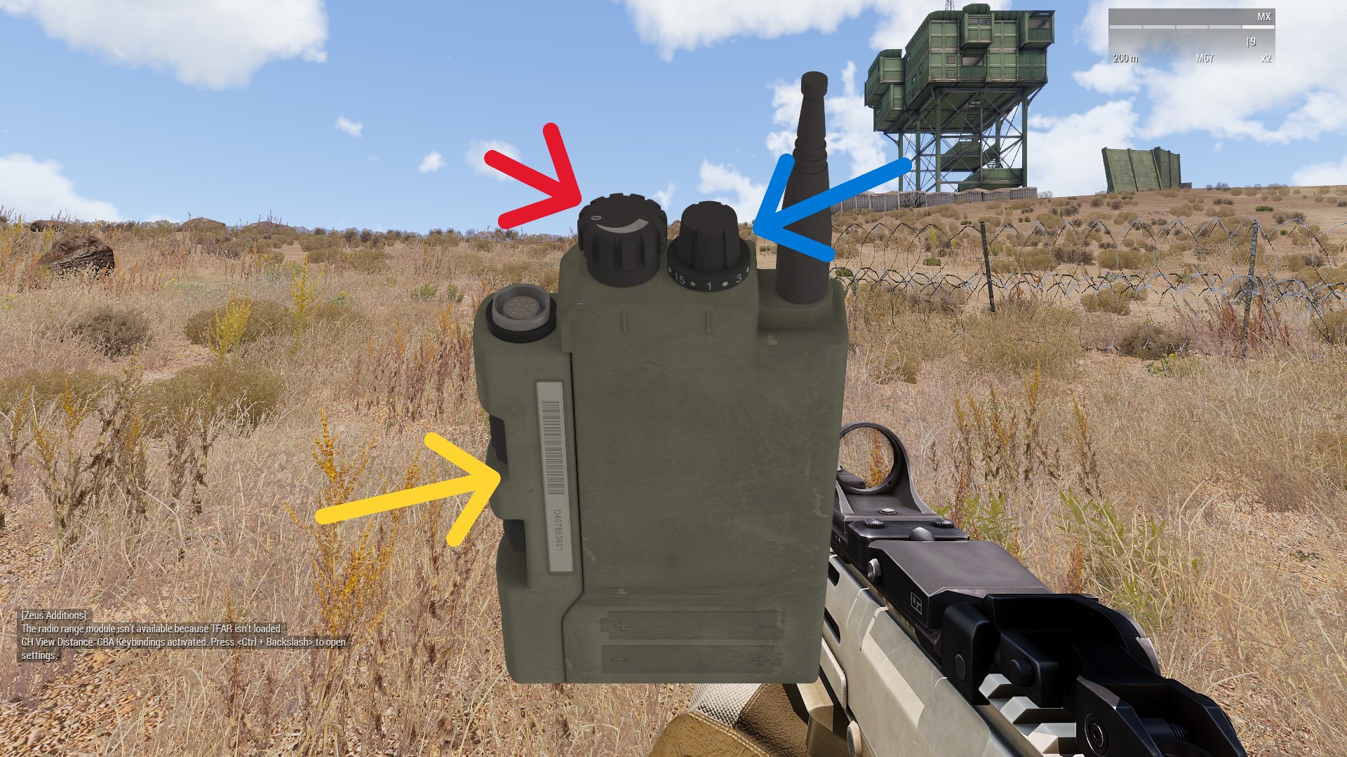 Diagrama de la interfaz de la radio 343 mostrando las líneas roja y azul para volumen y canal.